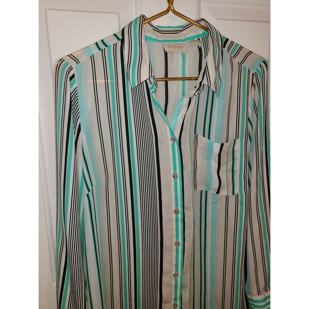 Chicos Button Up Stripe Blouse Tunic Buttons Sz 1 Career Aqua Green Black - Picture 5 of 7
